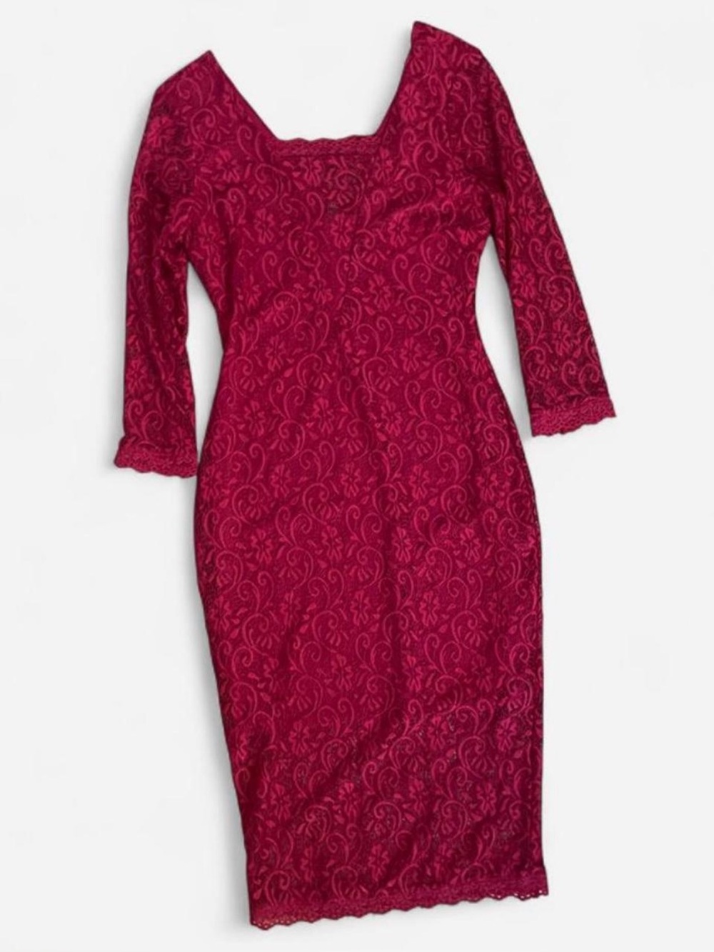 Candie's Crimson Red Floral Lace Square Neck Sheath Midi Dress Sz S